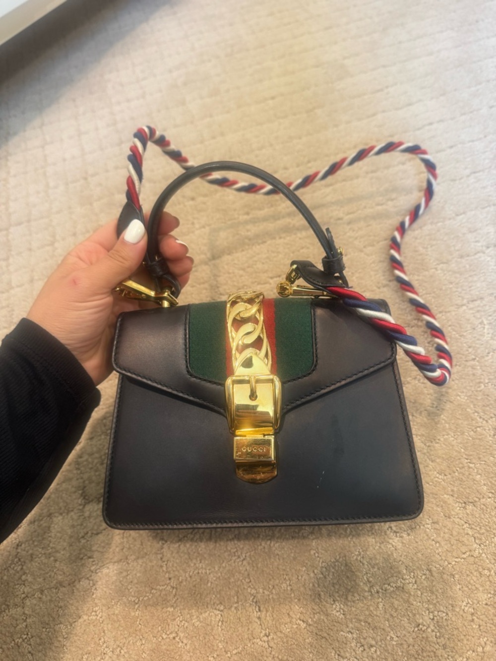 Gucci Black Leather Mini Top-Handle Bag with Green & Red Stripe